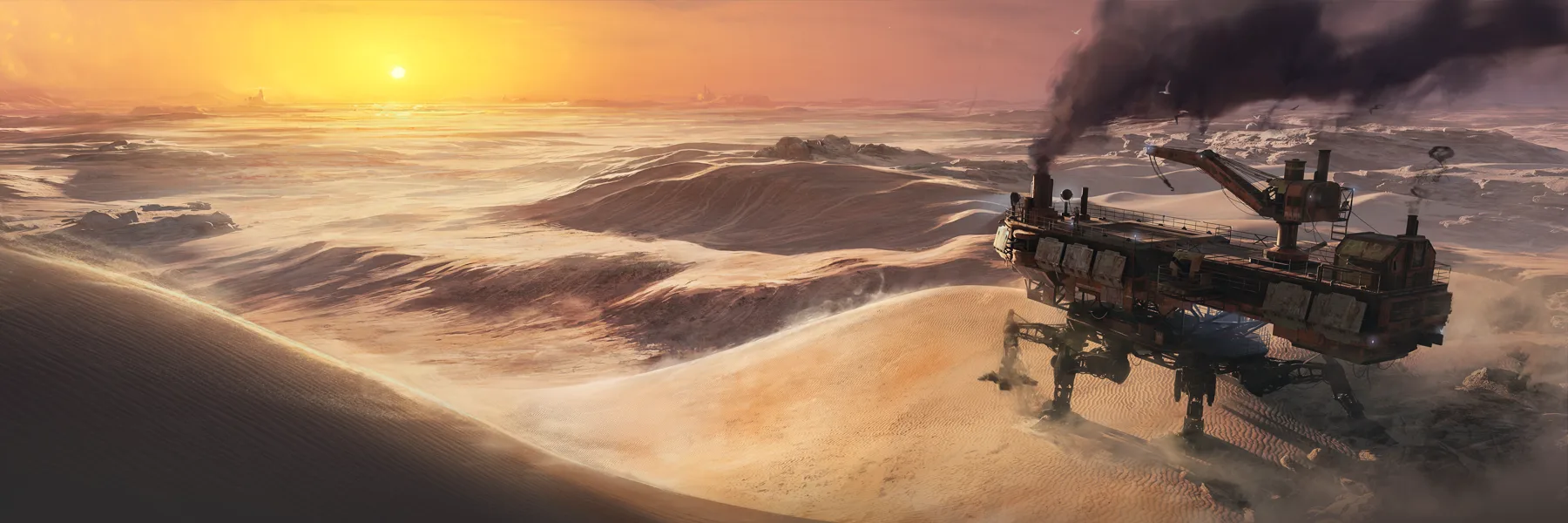 Trampler traversant les dunes au coucher du soleil, avec des cités lointaines à l'horizon.
